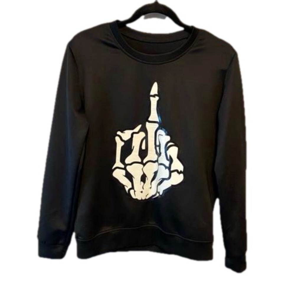 Skeleton Black Long Sleeve top with Skeleton Middle Finger Hand, size Medium